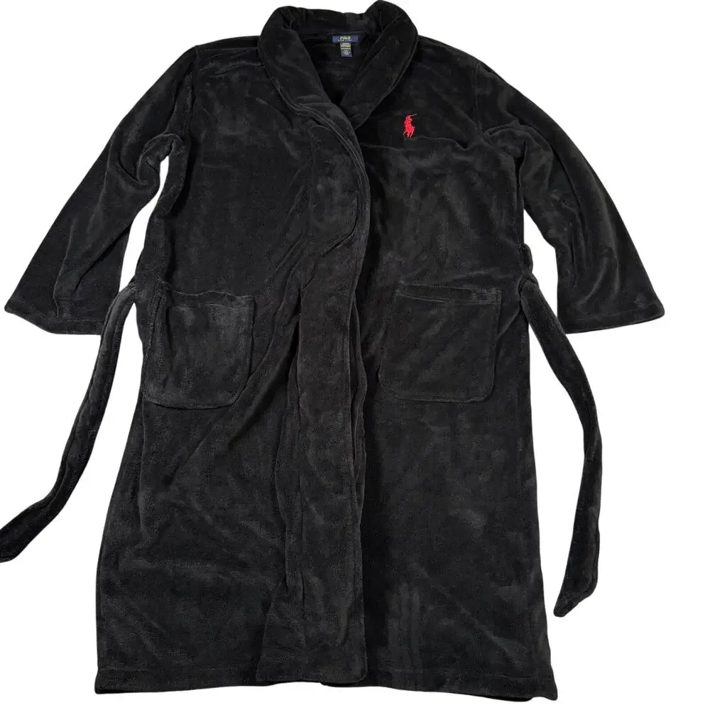 Polo Ralph Lauren Microfiber Shawl‎ Robe Black Plush Big Red Pony L XL